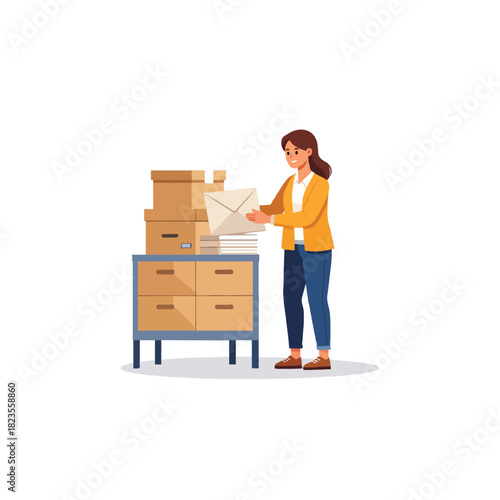 Woman organizing mail and boxes atop a cabinet, handling correspondence in a focused manner for