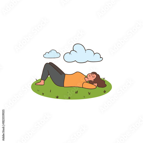 Woman relaxes in open air under clouds contemplating the beauty of nature in peaceful solitude