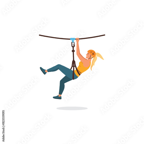 Young adventurous woman zipping across line outdoors enjoying exhilarating recreational activity