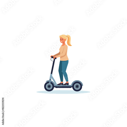 Young woman enjoys riding electric scooter for eco-friendly transportation in urban setting