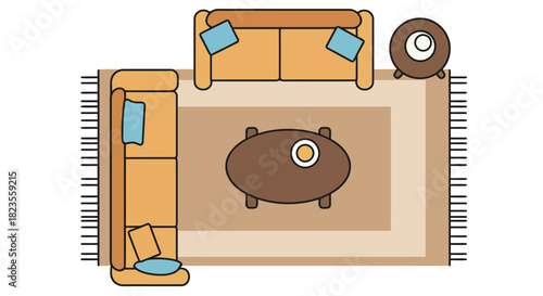 living room layout furniture arrangement with sofas rug and coffee table designed for interior design plans and home furnishing concepts.
