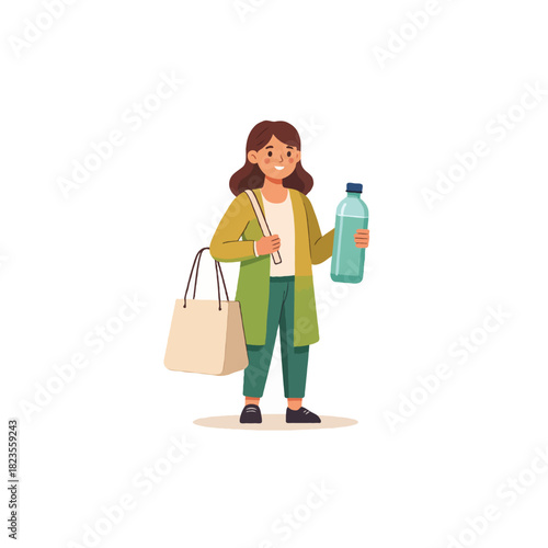 Young woman embracing sustainable lifestyle carrying reusable bag and water bottle promoting eco
