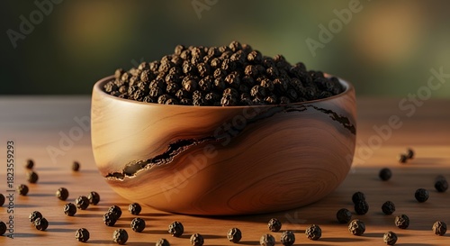 A luxurious close-up macro shot of a handcrafted dark walnut wooden bowl filled with glossy whole black peppercorns, featuring rich textures, elegant imperfections, and deep earthy tones. The bowl res