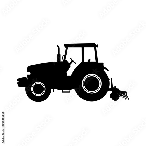 Industrial Farm Tractor with Tillage Implement Isolated Vector Silhouette