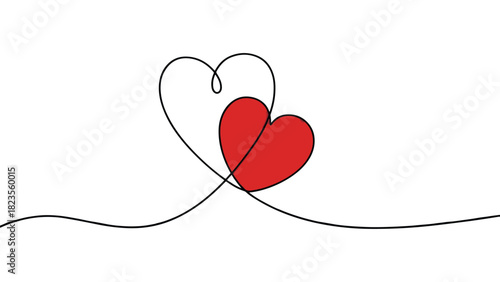 Continuous line drawing of two hearts, one outlined in black and one filled in red, symbolizing love, connection, and romance