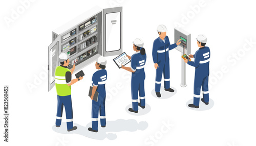 Illustration of industrial workers in blue uniforms checking equipment with clipboards in a factory setting with a clean white background.