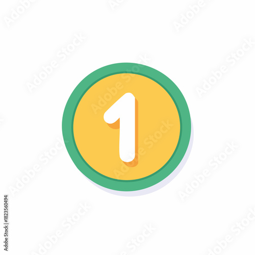 Number One Illustration, Round Token with Green Border and Yellow Center, White Numeral