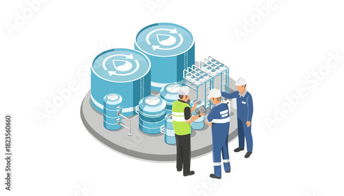 Isometric illustration of three industrial workers discussing around a factory process diagram with blue machinery on a gray platform