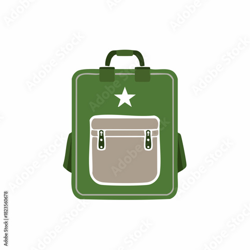 Green backpack with a white star and front pocket, ideal for school or travel illustration