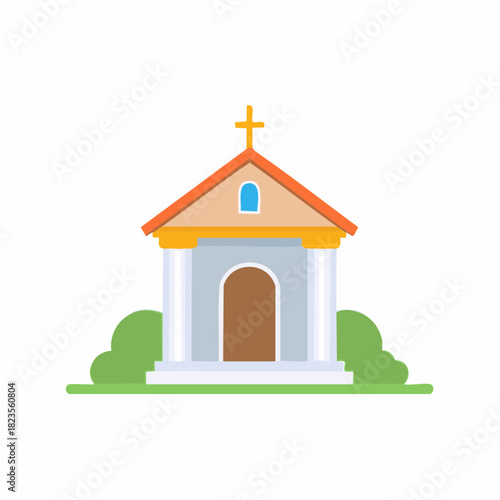 Simple stylized church building with cross and arched doorway surrounded by green bushes on a white background