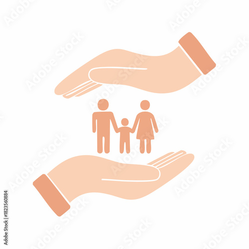 Caring hands embracing family icon representing security protection and life insurance concept