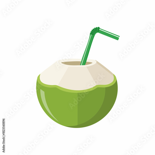 Refreshing young green coconut tropical drink with a straw fresh healthy beverage illustration
