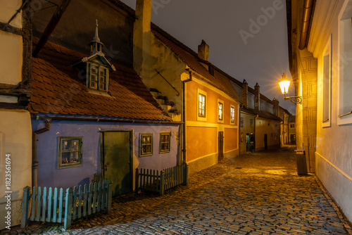 Evening View of Golden Lane at Prague Castle in the UNESCO Historic Center of the Czech Republic with Warm Lights and Medieval Atmosphere