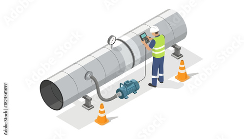 Isometric illustration of a construction worker inspecting a large pipe with safety cones nearby