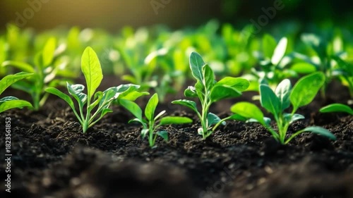 Early plant growth in a rich soil with sunlight, a focus on agriculture and cultivation,