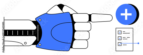 Task management. A robotic hand directs attention to a checklist and add symbol, task management and technological advancements. Task management enhances efficiency and productivity. Applications in