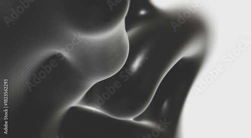 Abstract grayscale rendering of two smooth curved surfaces merging against neutral background. Fluid geometry and soft lighting create a minimal composition backdrop