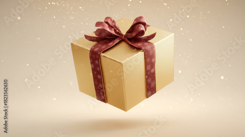 Elegant Floating Gift Box With Matte Gold Finish And Red Ribbon For Celebration