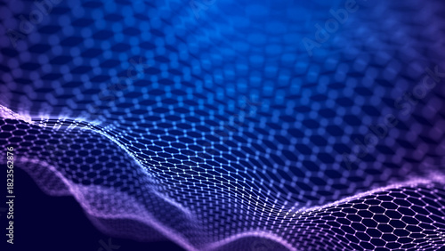 Blue and pink futuristic data wave. Cyber-motion of light particles. 3D rendering.