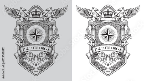 The Elite Circle Royal Emblem Crest with Winged Lions, Crown, Compass Rose, and Keys