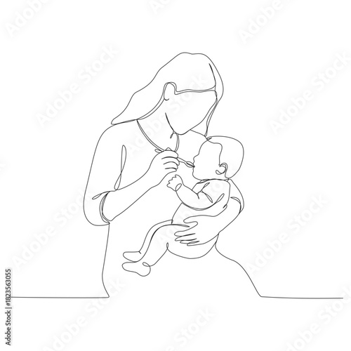 A continuous one-line illustration of a mother figure holding her baby while feeding them with a spoon