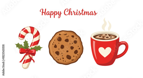 Happy christmas with candy cane, chocolate chip cookie, and hot cocoa