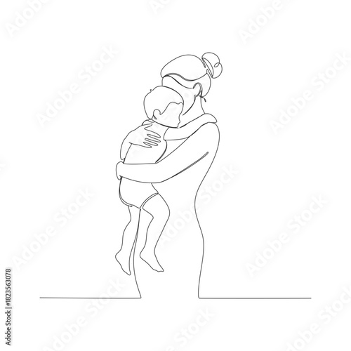 A continuous one-line illustration of a loving mother figure embracing her baby in a warm hug.