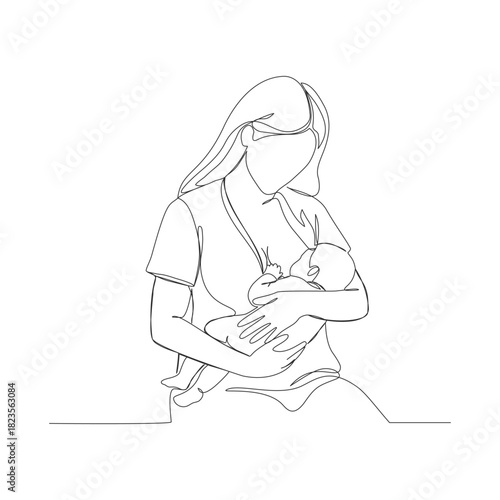 A continuous one-line illustration of a mother figure holding and breastfeeding her newborn baby