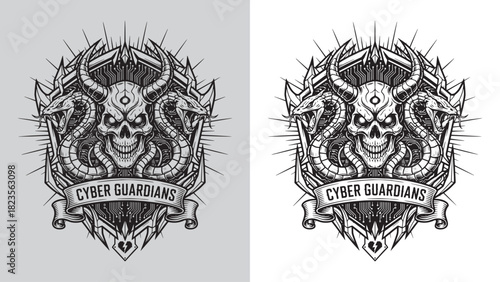 Cyber Guardians Demon Skull Emblem Mascot with Horns, Snakes, and Circuitry Background