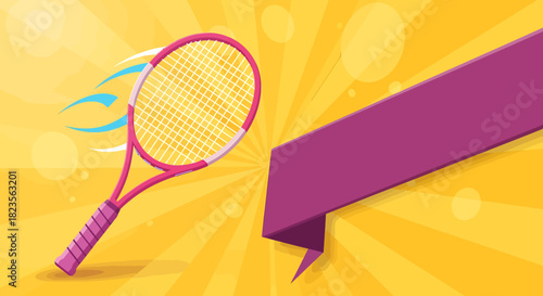 Tennis Racket Illustration with Dynamic Motion and Purple Banner.