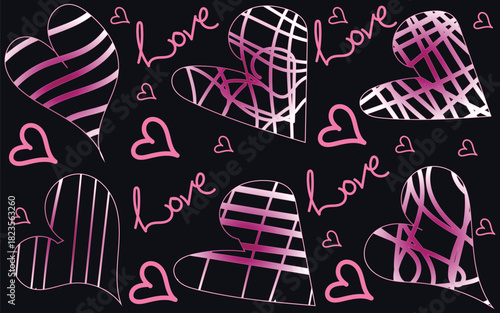 Pink abstract heart pattern with handwritten love text creating a romantic seamless decorative design