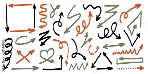 Collection of hand-drawn arrows in black, orange, and olive green with various shapes including spiral, curved, zigzag, straight, and looped lines on white background