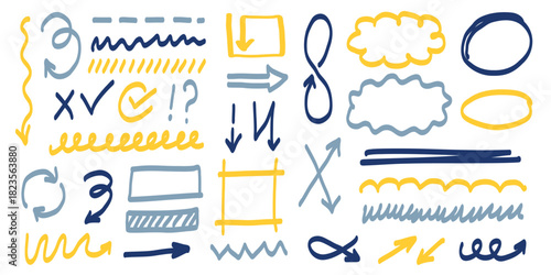 Collection of hand-drawn vector elements in blue, yellow, and gray. Includes arrows, check marks, crosses, symbols, lines, circles, frames, and highlight scribbles.