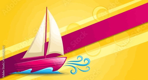 Vibrant Illustration of a Pink Sailboat Navigating Turquoise Waves.