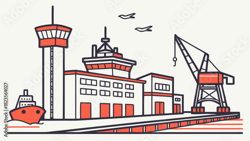 Minimalist Port Terminal with Airplane Icons and Crane Outline