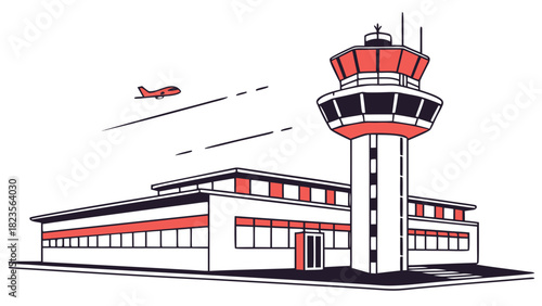 An airport control tower and airplane flying in the sky