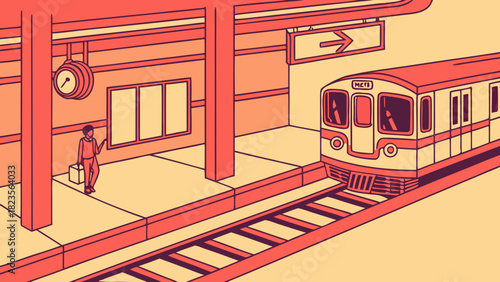 Subway train arriving at a station in stylized vector art