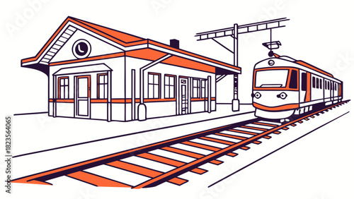 Train station illustration with train on tracks
