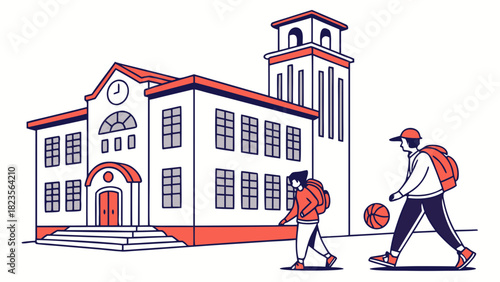 Student walking towards a college building with a basketball