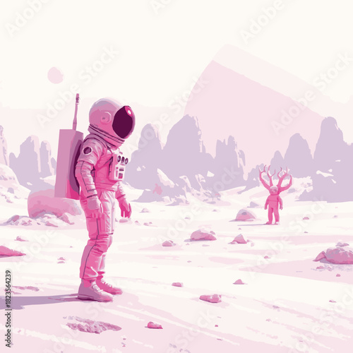 Astronaut encounters alien creature on pink alien planet with mountains and rocks space