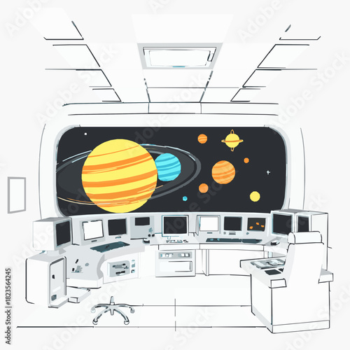 Futuristic space station control room with planets view and consoles illustration spaceship interior