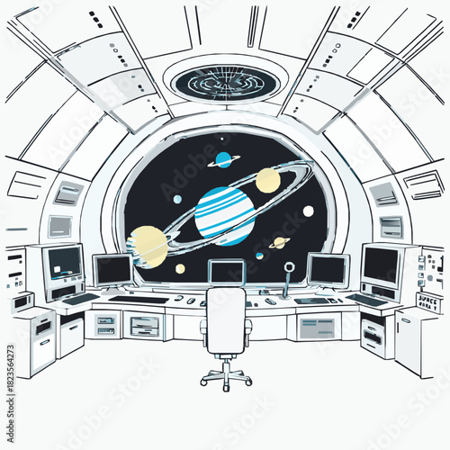Futuristic spaceship bridge with a large window overlooking space and planets Keywords: spaceship, bridge, control room, space, window, planets, stars, console, computers