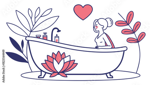 Woman relaxing in a spa bath with a lotus flower design