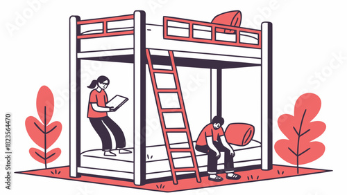 Two people in a hostel room with a bunk bed illustration