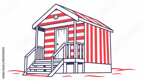 A striped beach hut icon with stairs and a wooden door