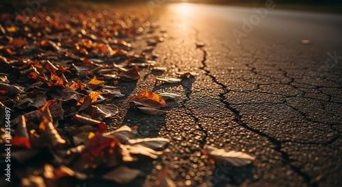 Golden Hour Sunlight on Autumn Foliage by Asphalt