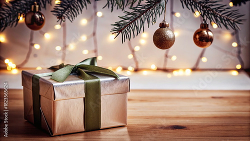 A beautifully wrapped gift box sits on a wooden table. Holiday ornaments dangle above it, surrounded by soft glowing lights