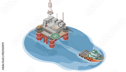 Isometric illustration of an offshore oil rig with a supply boat in calm blue waters against a white background.