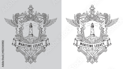 Maritime Legacy Lighthouse Crest with Winged Seahorses, Anchor, and Cannons