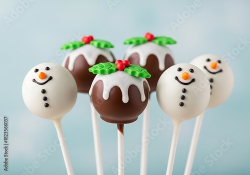 Festive christmas cake pops decorated as cheerful snowmen and traditional puddings on sticks, ready for holiday celebrations